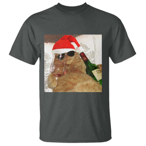 Funny Cat Drinking Wine Christmas T Shirt TS14 Dark Heather Print Your Wear