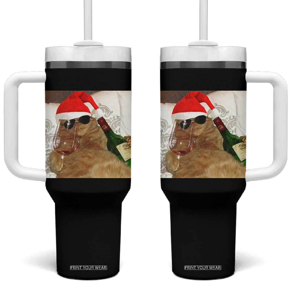Funny Cat Drinking Wine Christmas Tumbler With Handle TS14 One Size: 40 oz Black Print Your Wear