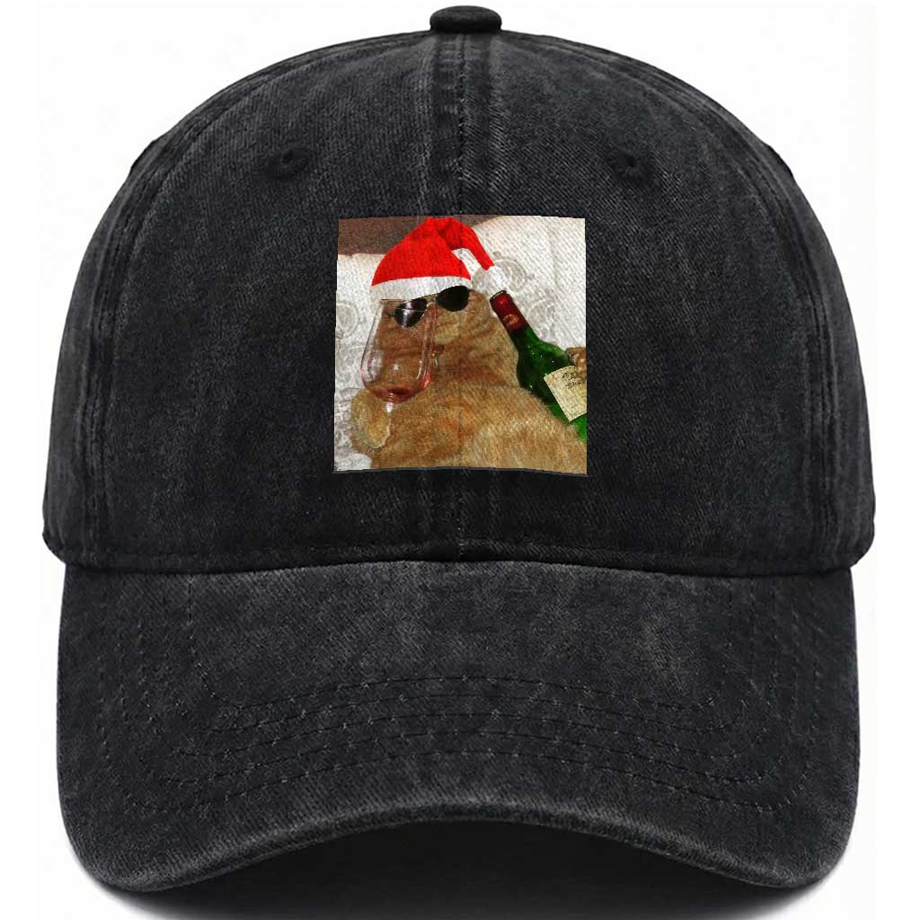 Funny Cat Drinking Wine Christmas Washed Cotton Baseball Cap TS14 Washed Cap Universal Fit Black Print Your Wear