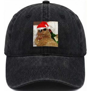 Funny Cat Drinking Wine Christmas Washed Cotton Baseball Cap TS14 Washed Cap Universal Fit Black Print Your Wear