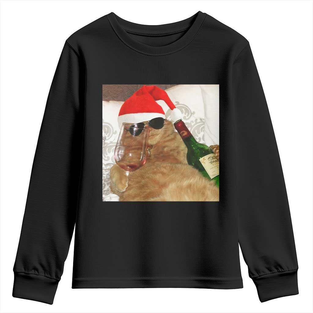 Funny Cat Drinking Wine Christmas Youth Sweatshirt TS14 Black Print Your Wear