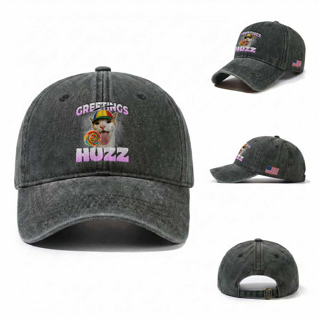 Funny Cat Meme Washed Cotton Baseball Cap Greetings Huzz TS14 Washed Cap Universal Fit Dark Green Print Your Wear