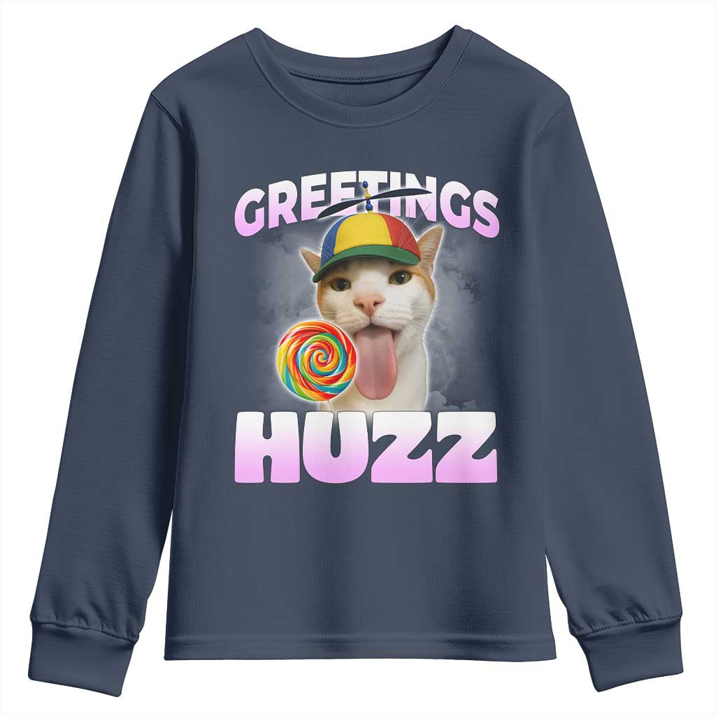 Funny Cat Meme Youth Sweatshirt Greetings Huzz TS14 Navy Print Your Wear