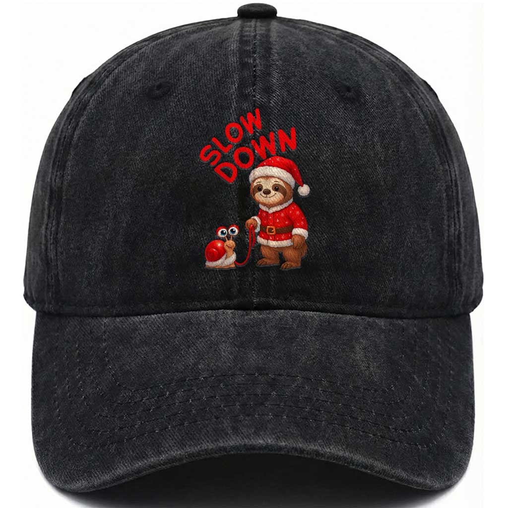 Funny Sloth Snail Christmas Washed Cotton Baseball Cap Slow Down Xmas TS14 Washed Cap Universal Fit Black Print Your Wear