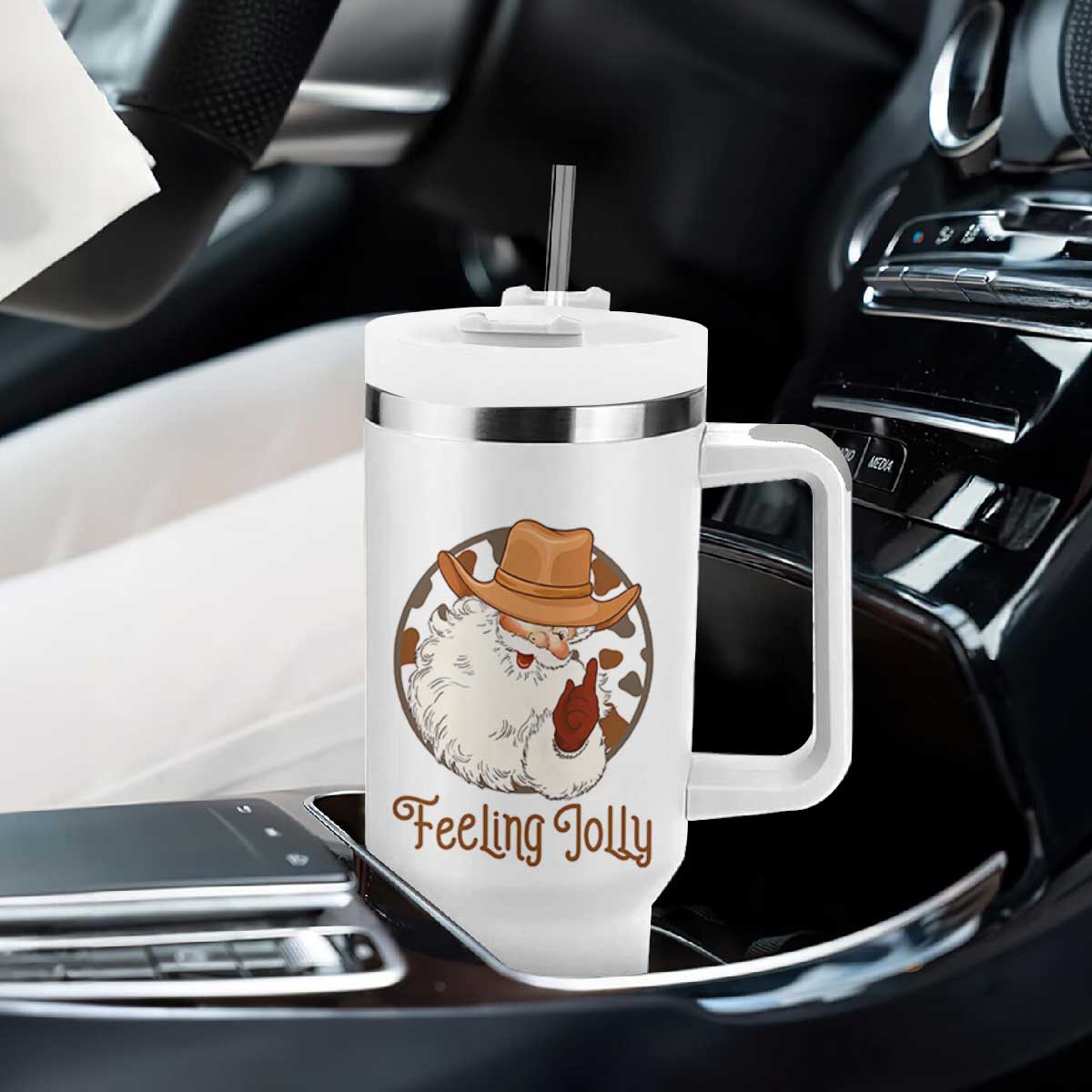 Black Cowboy Santa Christmas Tumbler With Handle Feeling Jolly TS14 Print Your Wear