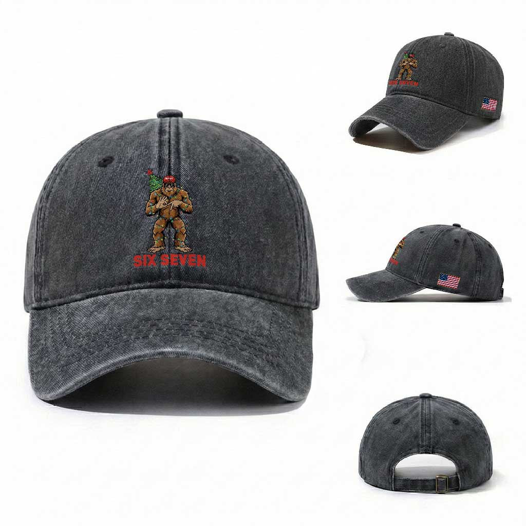 67 Six Seven Washed Cotton Baseball Cap Funny Bigfoot Trump Support Christmas TS14 Washed Cap Universal Fit Dark Gray Print Your Wear