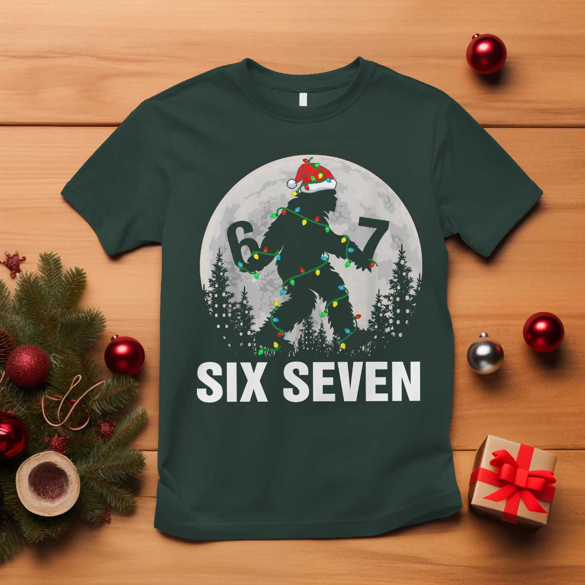 67 Six Seven T Shirt Funny Bigfoot Christmas Sasquatch Moon TS14 Dark Forest Green Print Your Wear