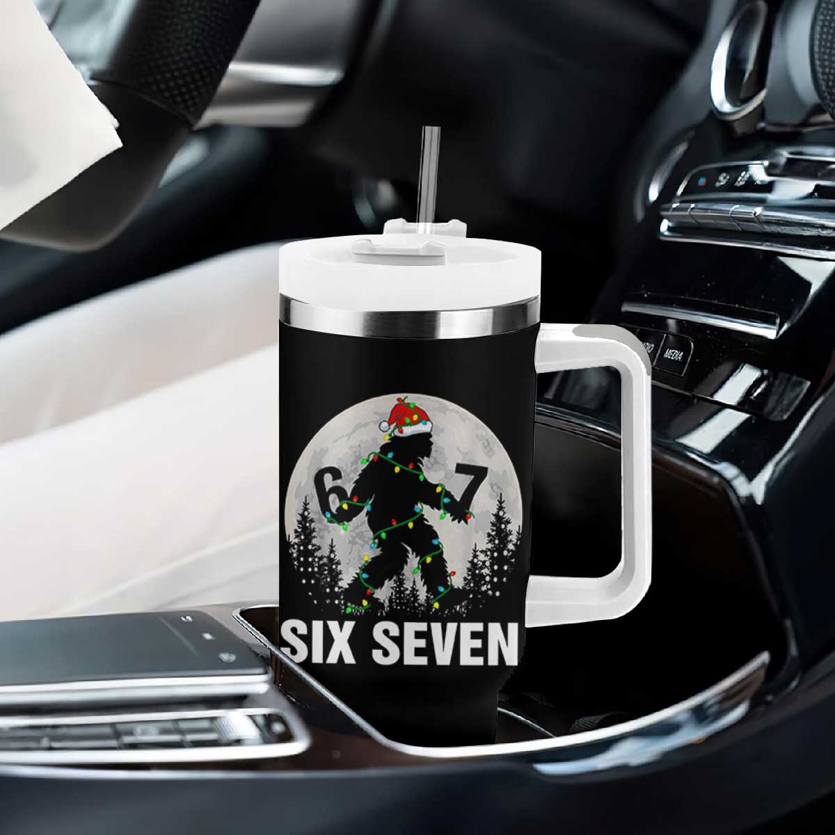 67 Six Seven Tumbler With Handle Funny Bigfoot Christmas Sasquatch Moon TS14 Print Your Wear