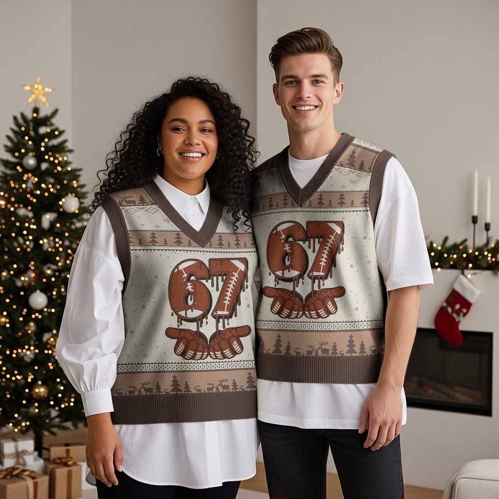 67 Six Seven V-Neck Knit Sweater Vest Funny Football Meme TS14 Mocha Mousse Print Your Wear