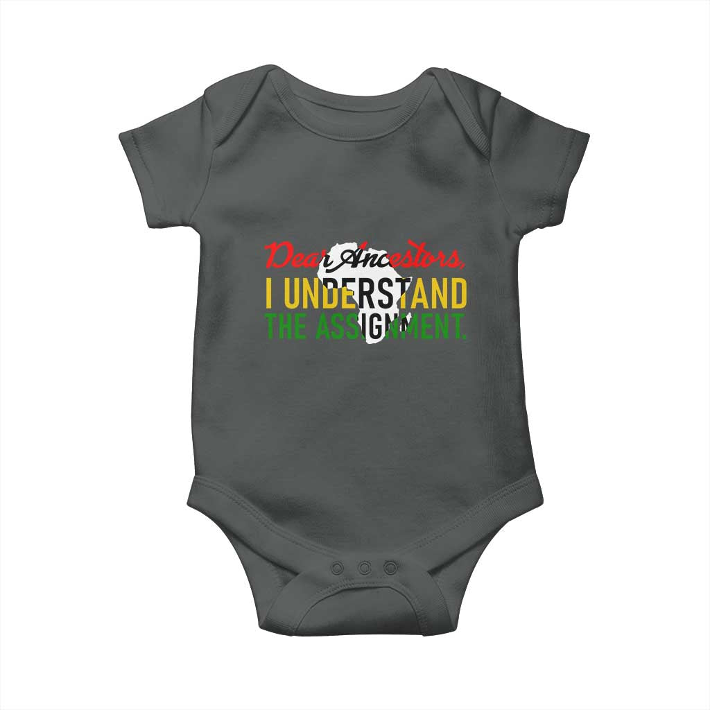Black History Baby Onesie Dear Ancestors I Understand The Assignment TS14 Dark Heather Print Your Wear