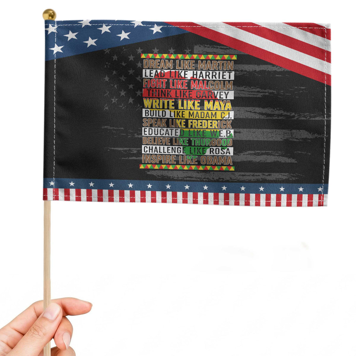 Black History Month Patriotic Handheld Flag Dream Like Martin Lead Like Harriet TS14 Distressed 8.2