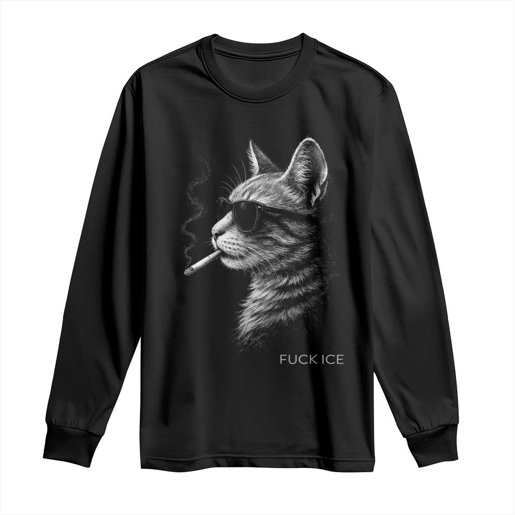 Fck Ice Long Sleeve Shirt Funny Cat Smoking Anti ICE Meme TS14 Black Print Your Wear