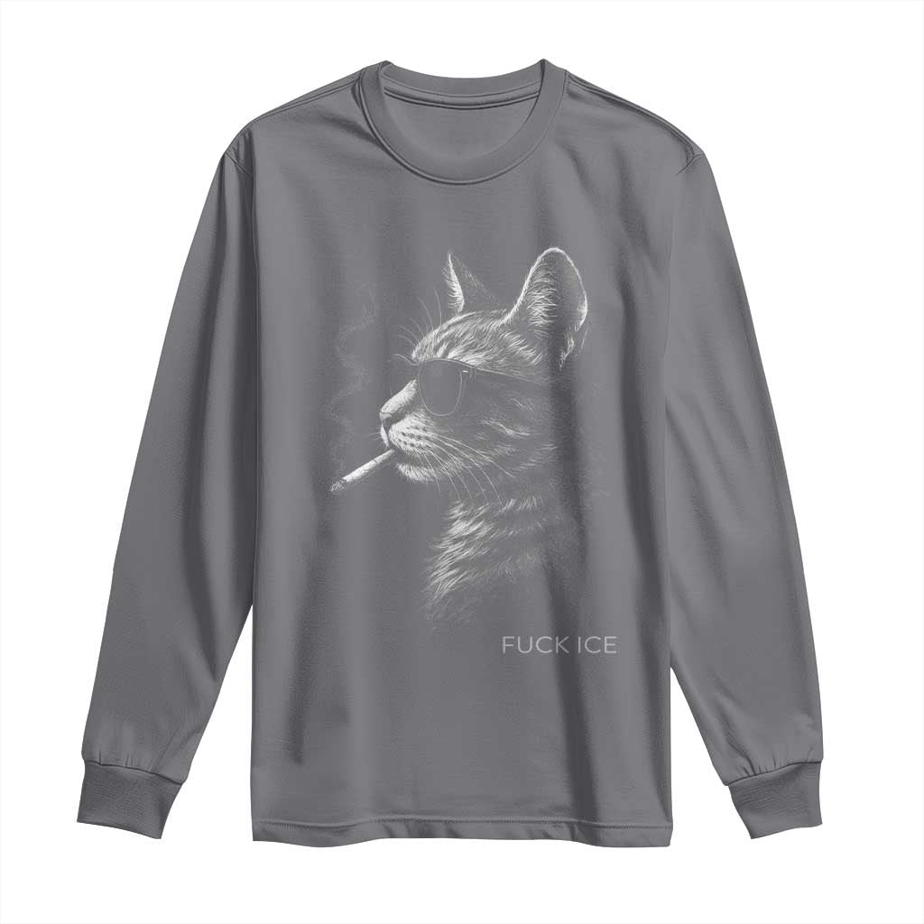 Fck Ice Long Sleeve Shirt Funny Cat Smoking Anti ICE Meme TS14 Charcoal Print Your Wear