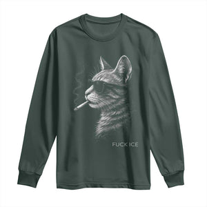 Fck Ice Long Sleeve Shirt Funny Cat Smoking Anti ICE Meme TS14 Dark Forest Green Print Your Wear
