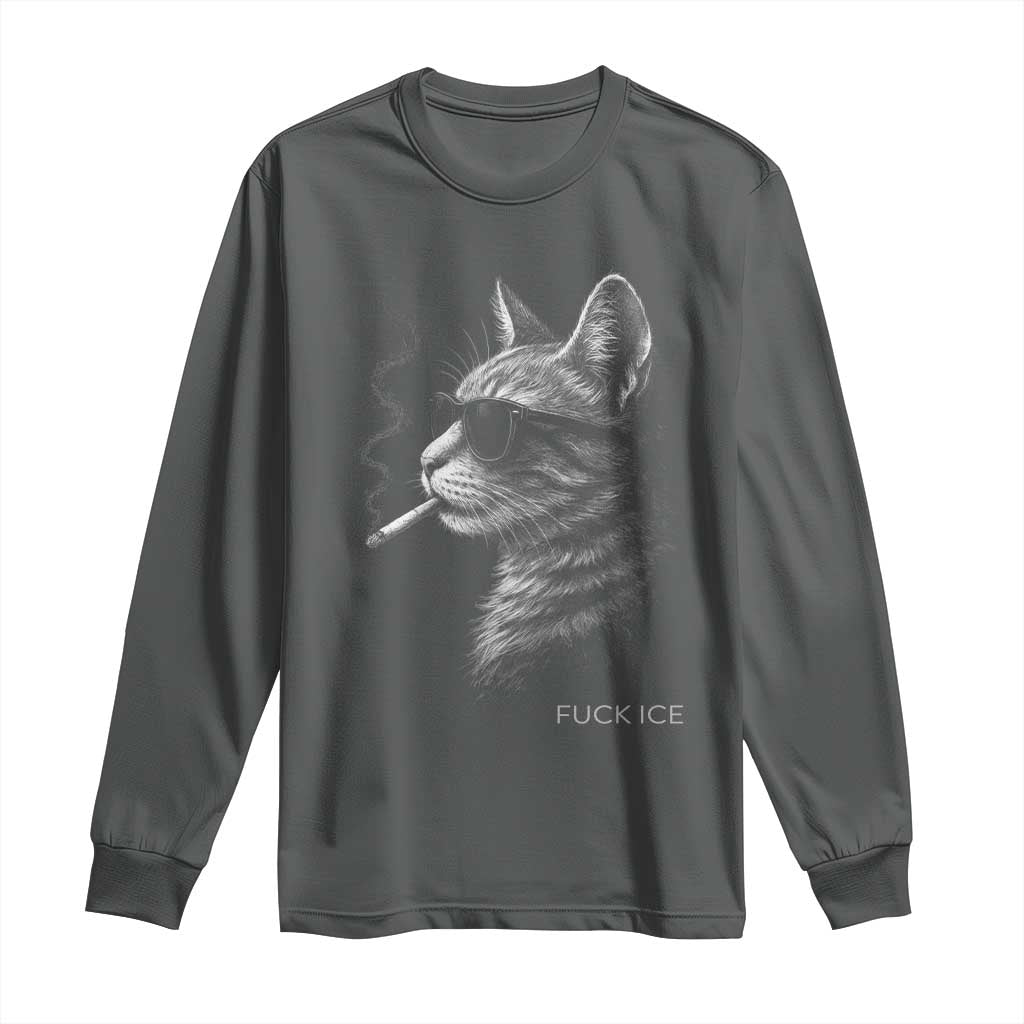 Fck Ice Long Sleeve Shirt Funny Cat Smoking Anti ICE Meme TS14 Dark Heather Print Your Wear