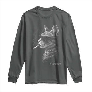 Fck Ice Long Sleeve Shirt Funny Cat Smoking Anti ICE Meme TS14 Dark Heather Print Your Wear