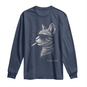 Fck Ice Long Sleeve Shirt Funny Cat Smoking Anti ICE Meme TS14 Navy Print Your Wear