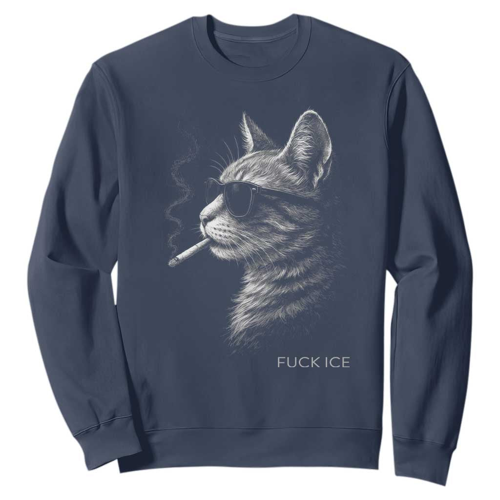 Fck Ice Sweatshirt Funny Cat Smoking Anti ICE Meme TS14 Navy Print Your Wear