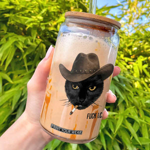 Funny Cowboy Cat Smoking Anti ICE Protest Meme Glass Can TS14 White Print Your Wear