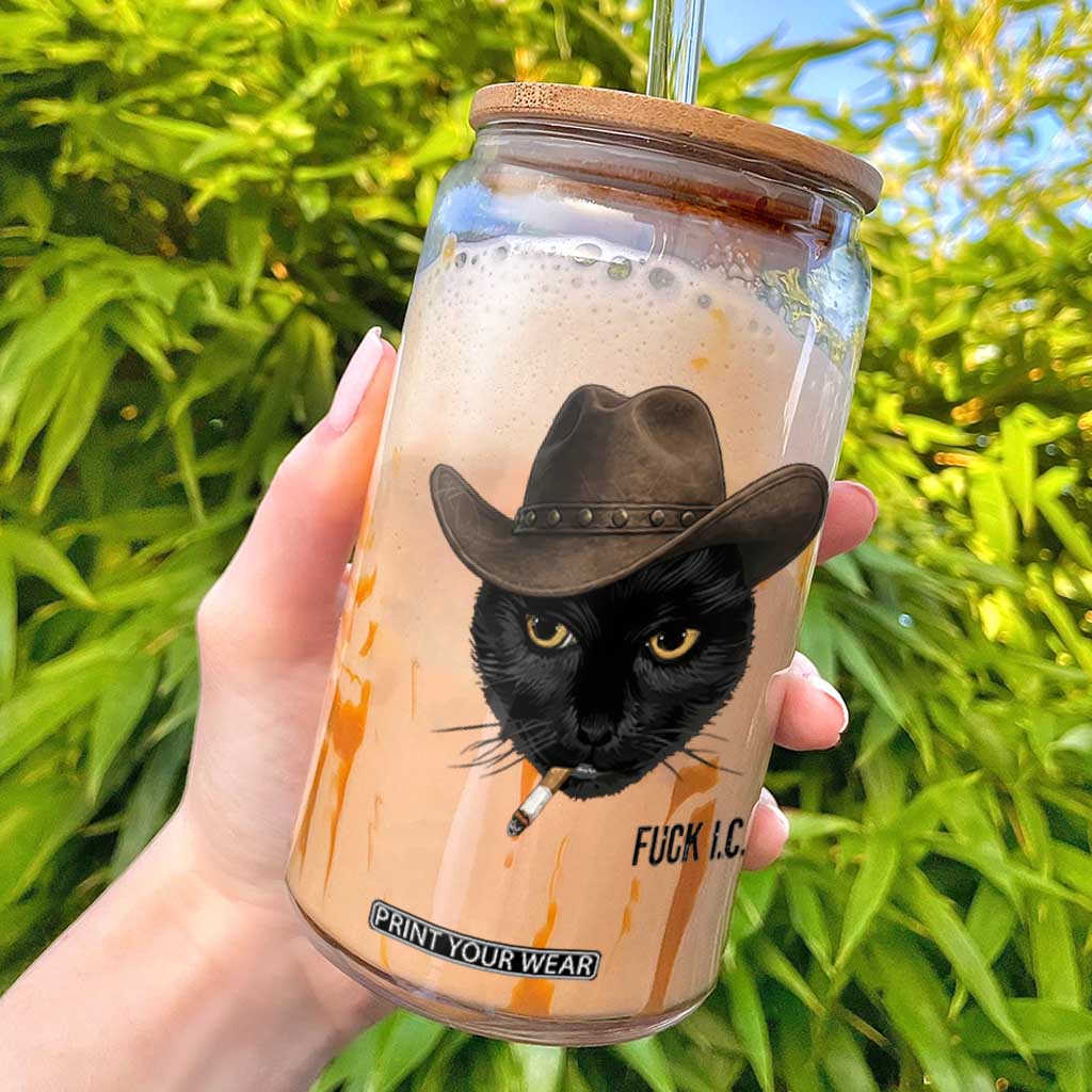 Funny Cowboy Cat Smoking Anti ICE Protest Meme Glass Can TS14 White Print Your Wear
