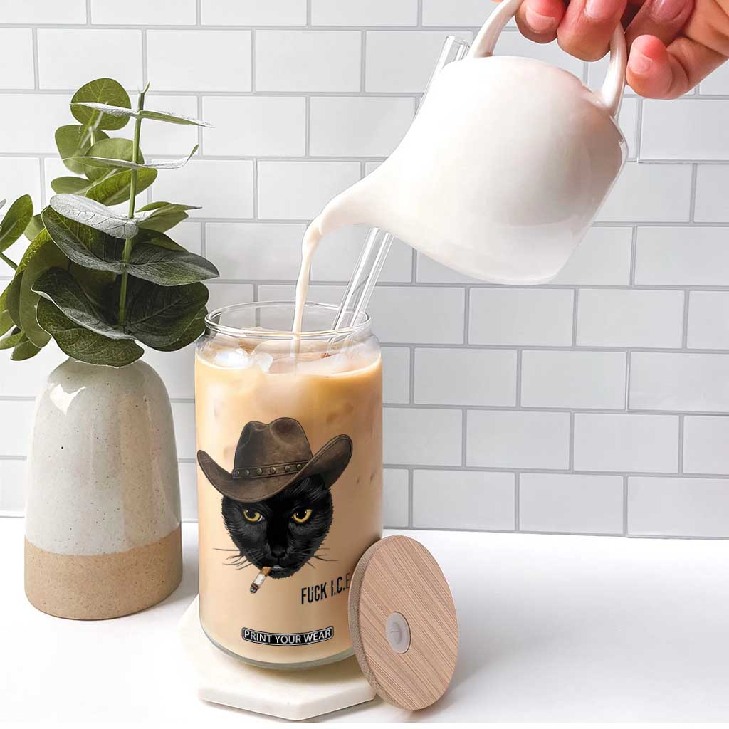 Funny Cowboy Cat Smoking Anti ICE Protest Meme Glass Can TS14 Print Your Wear