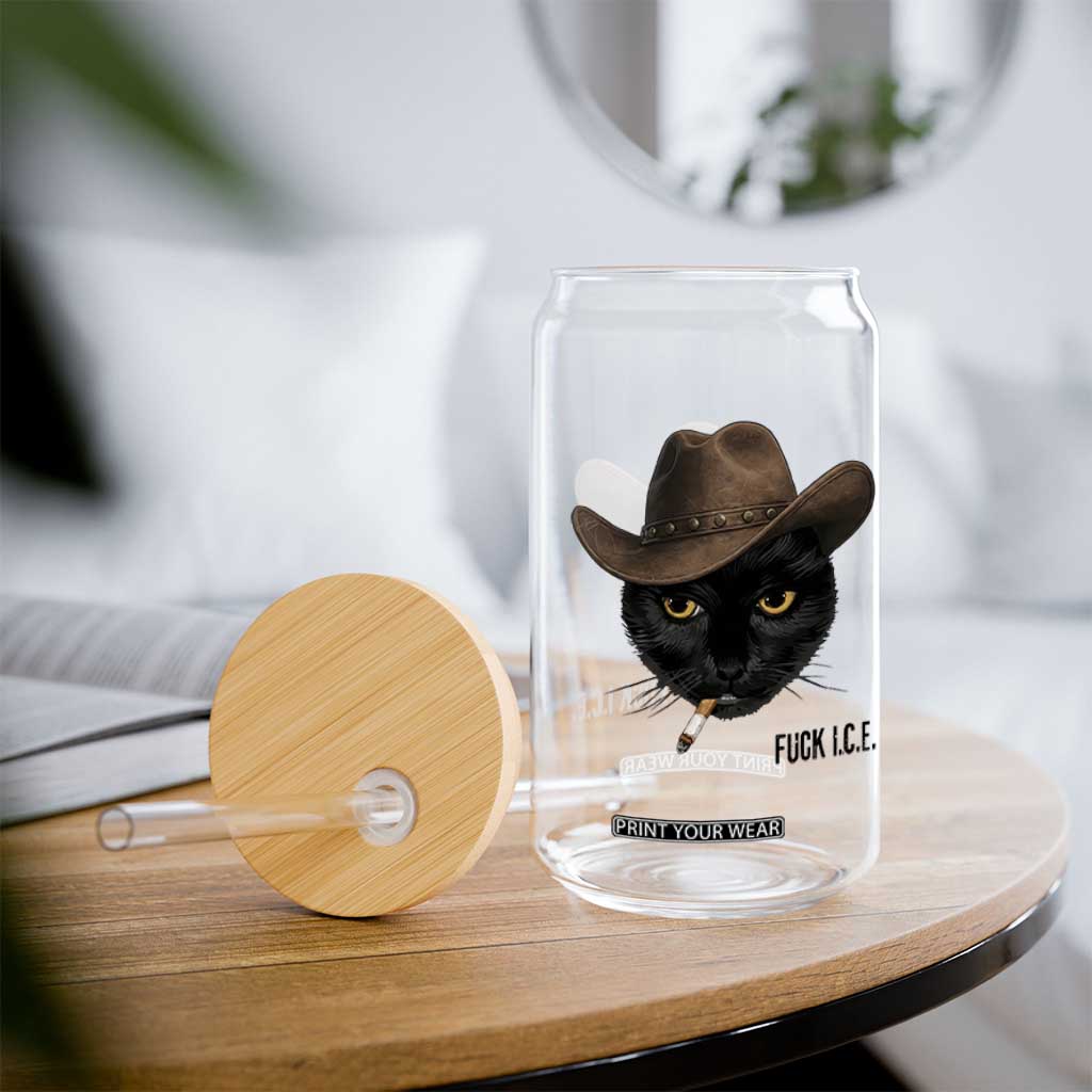 Funny Cowboy Cat Smoking Anti ICE Protest Meme Glass Can TS14 Print Your Wear