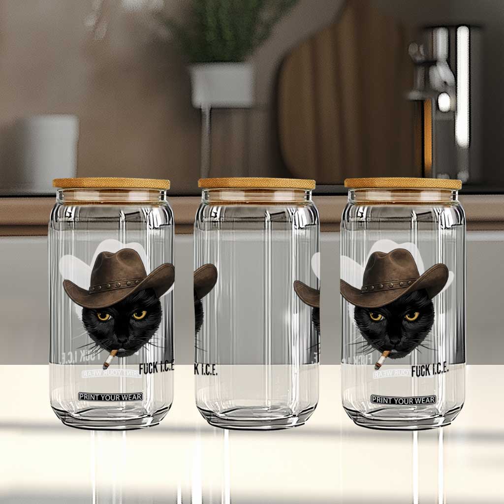 Funny Cowboy Cat Smoking Anti ICE Protest Meme Glass Can TS14 Print Your Wear