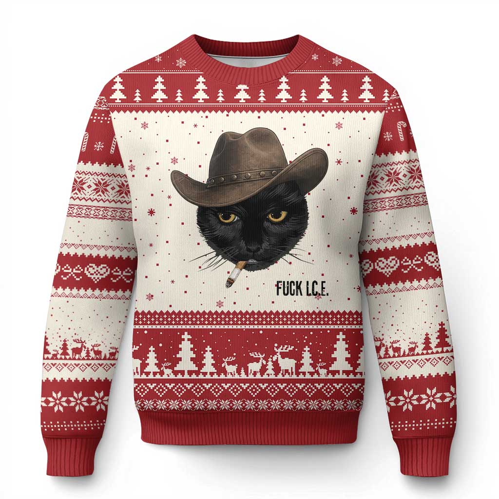 Funny Cowboy Cat Smoking Anti ICE Protest Meme Ugly Christmas Sweater TS14 Beige Red Print Your Wear