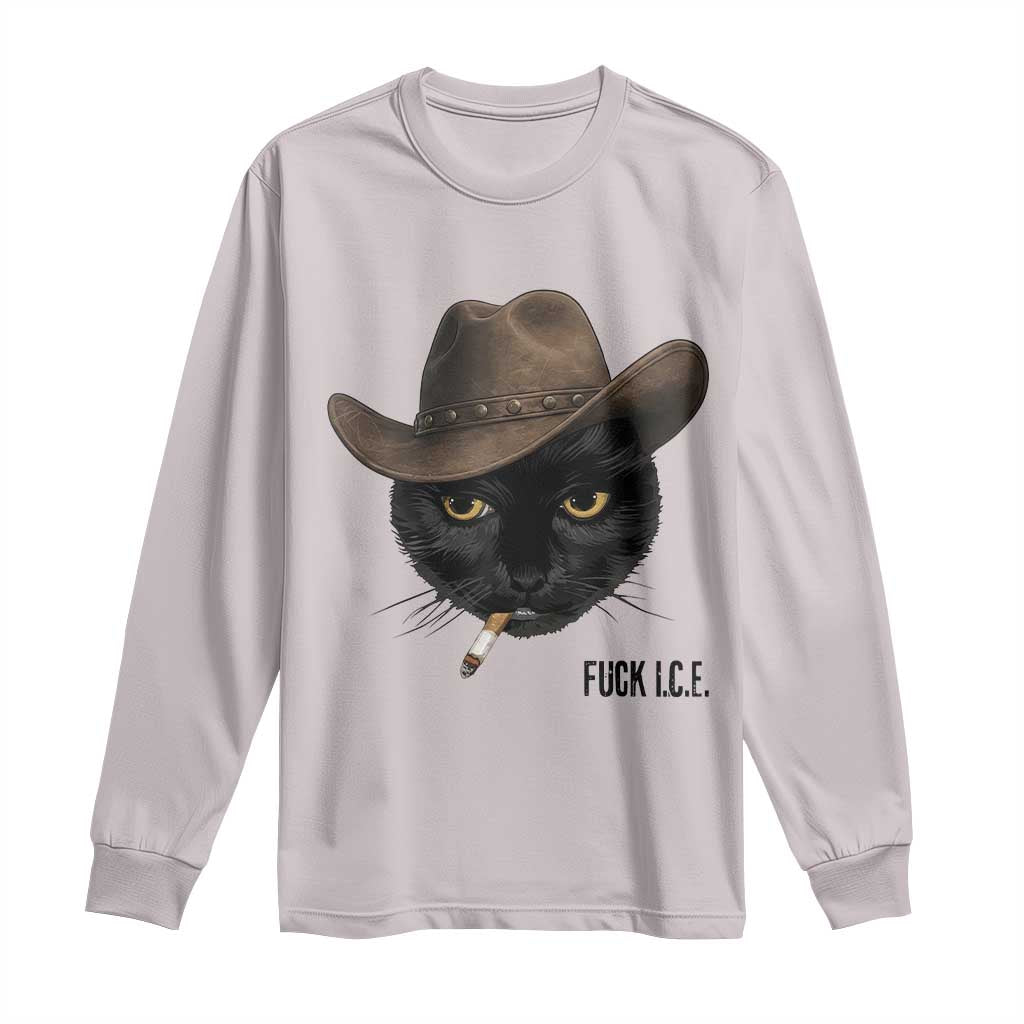 Funny Cowboy Cat Smoking Anti ICE Protest Meme Long Sleeve Shirt TS14 Ice Gray Print Your Wear