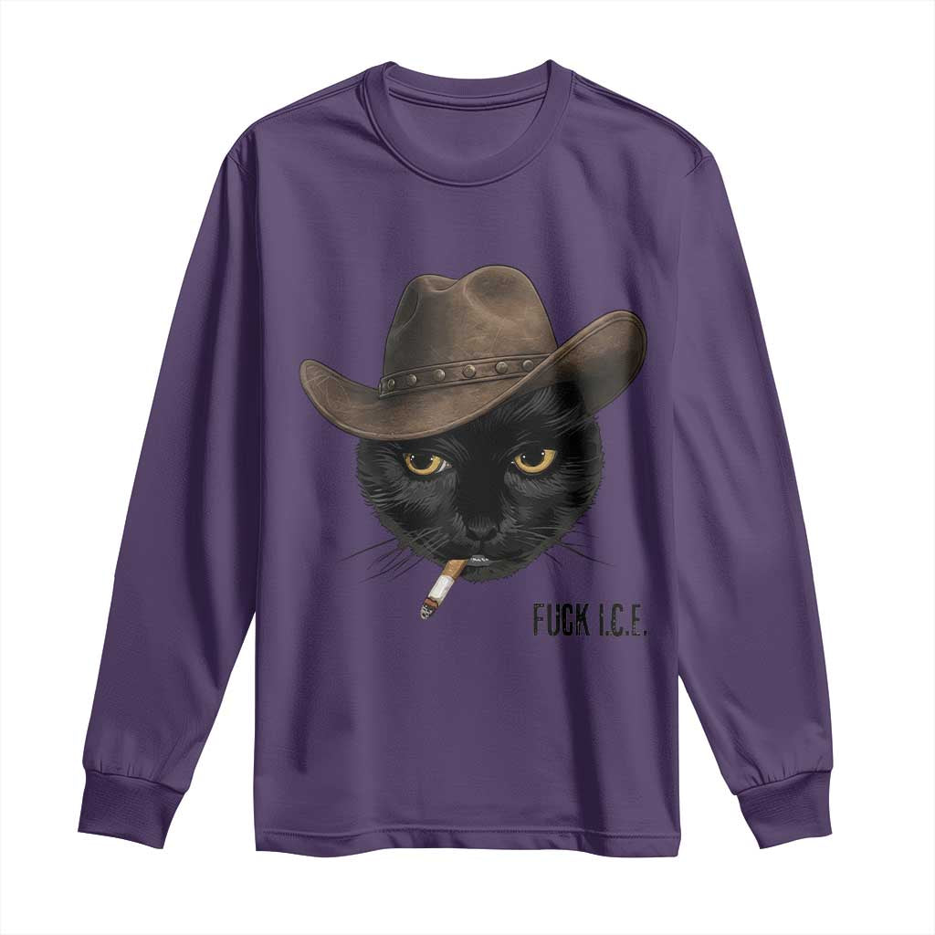 Funny Cowboy Cat Smoking Anti ICE Protest Meme Long Sleeve Shirt TS14 Purple Print Your Wear
