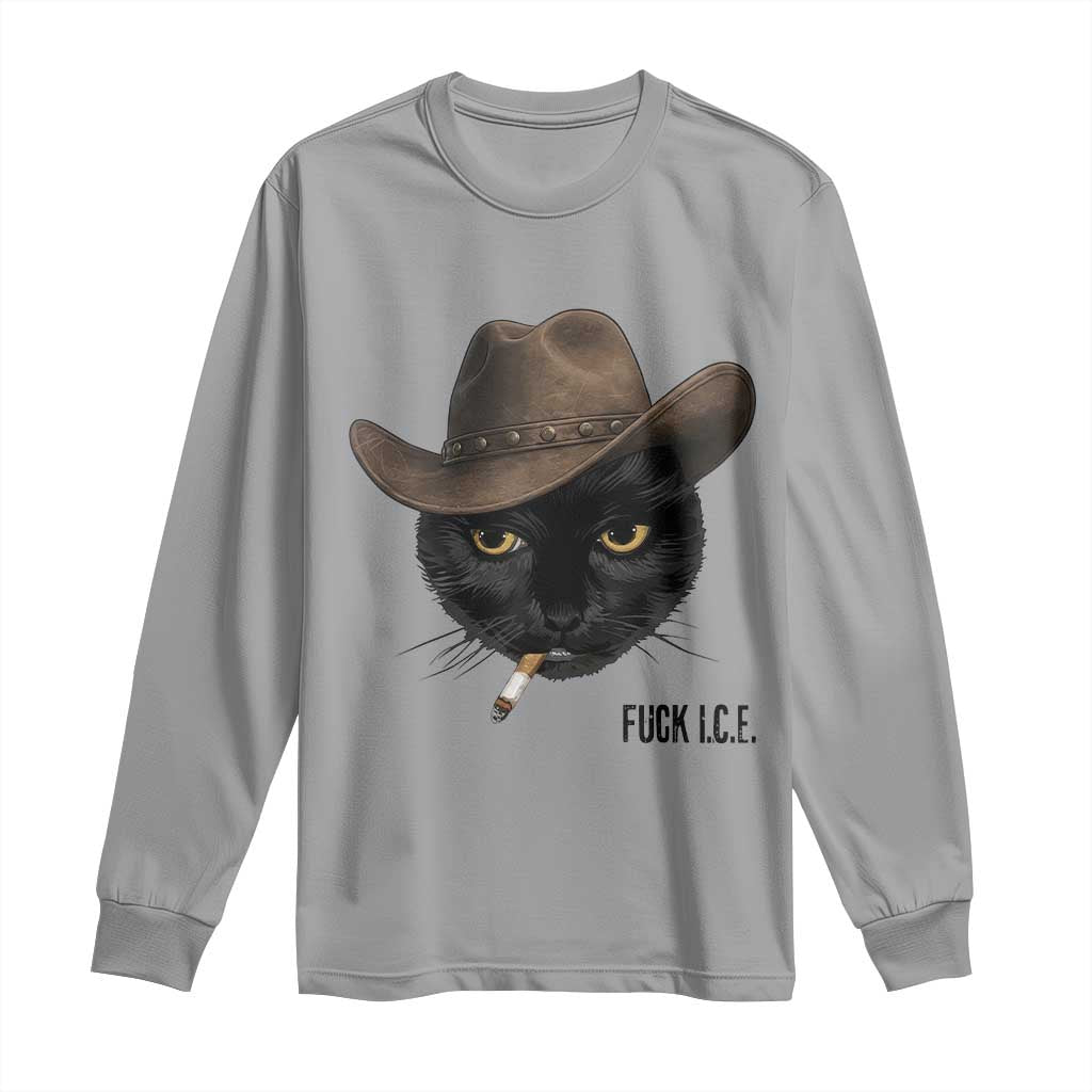 Funny Cowboy Cat Smoking Anti ICE Protest Meme Long Sleeve Shirt TS14 Sport Gray Print Your Wear