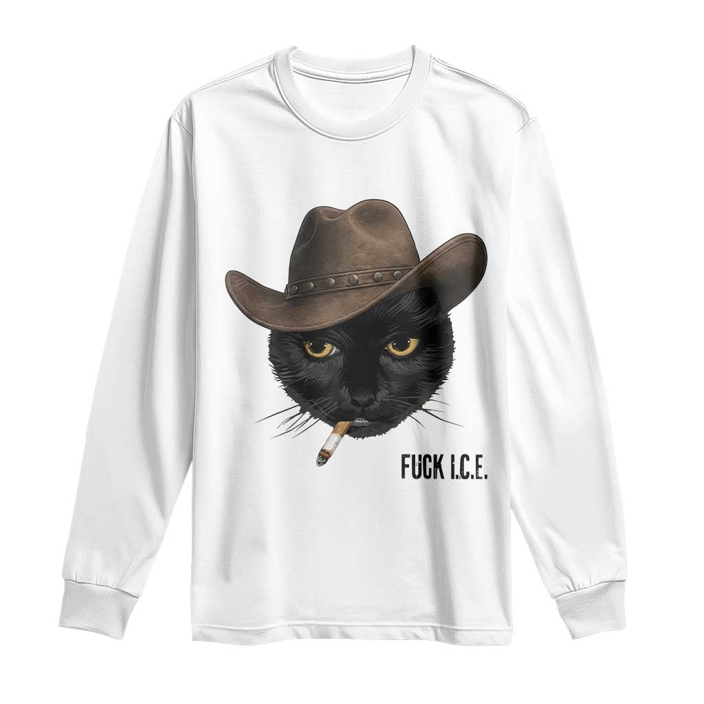 Funny Cowboy Cat Smoking Anti ICE Protest Meme Long Sleeve Shirt TS14 White Print Your Wear