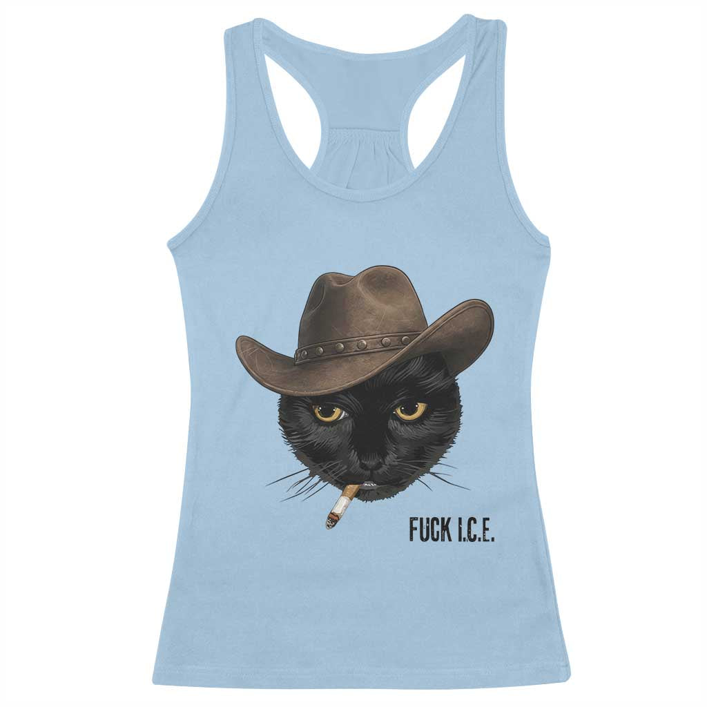 Funny Cowboy Cat Smoking Anti ICE Protest Meme Racerback Tank Top TS14 Light Blue Print Your Wear