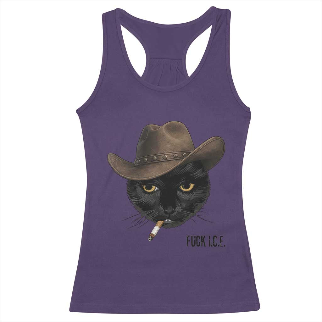 Funny Cowboy Cat Smoking Anti ICE Protest Meme Racerback Tank Top TS14 Purple Print Your Wear