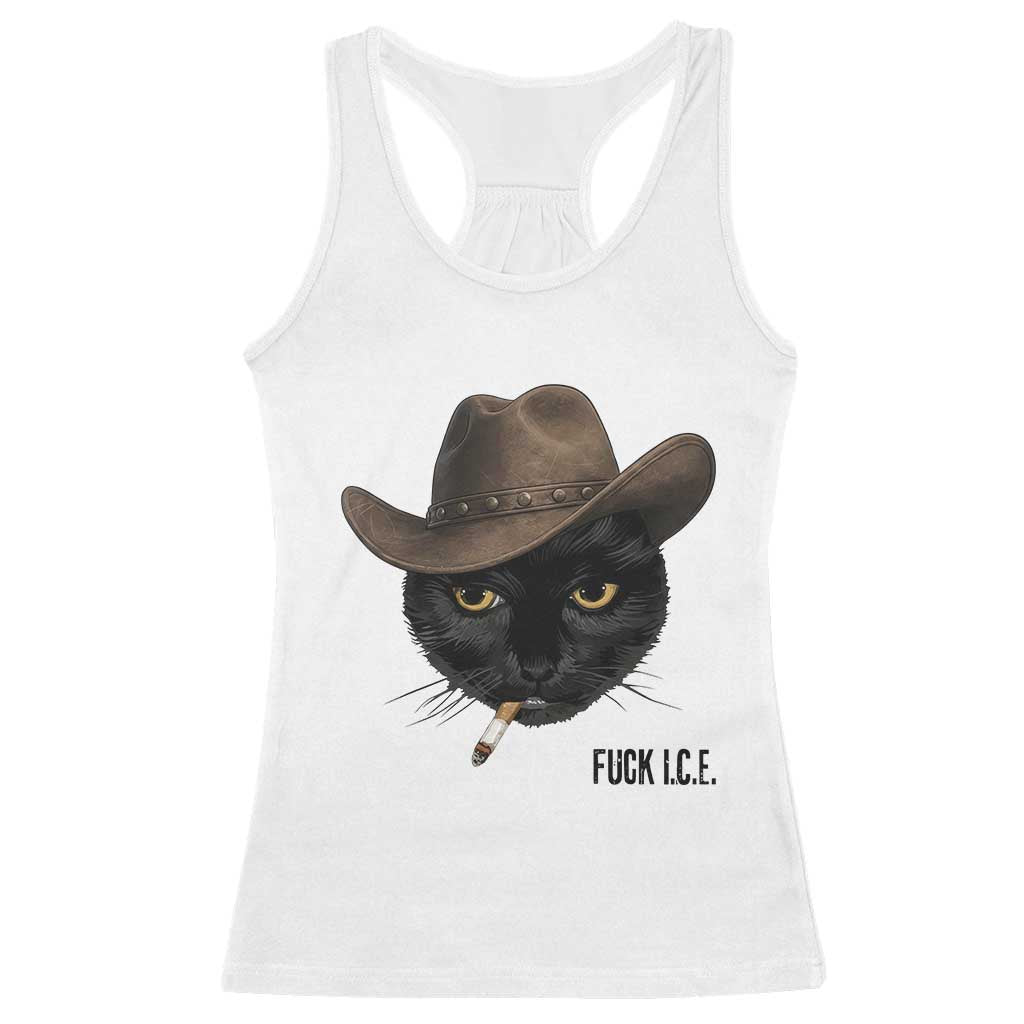Funny Cowboy Cat Smoking Anti ICE Protest Meme Racerback Tank Top TS14 White Print Your Wear