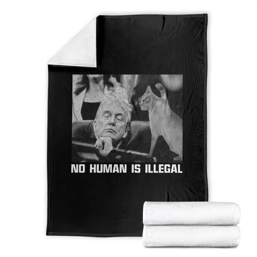 No Human Is Illegal Throw Blanket Funny Cat Anti ICE Meme TS14 Black Print Your Wear