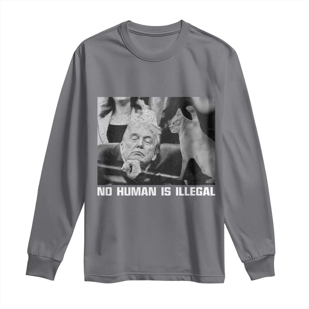 No Human Is Illegal Long Sleeve Shirt Funny Cat Anti ICE Meme TS14 Charcoal Print Your Wear