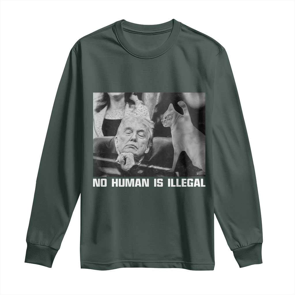 No Human Is Illegal Long Sleeve Shirt Funny Cat Anti ICE Meme TS14 Dark Forest Green Print Your Wear