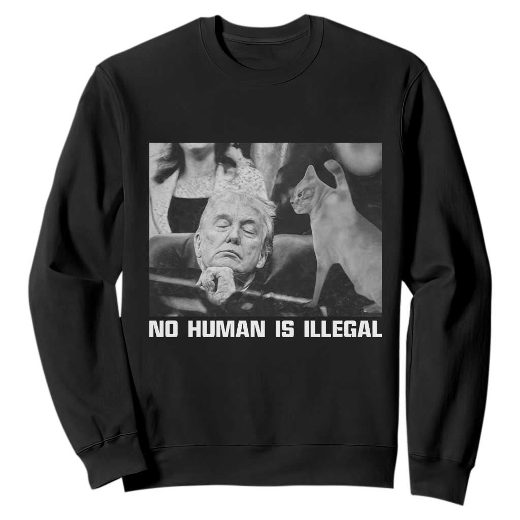 No Human Is Illegal Sweatshirt Funny Cat Anti ICE Meme TS14 Black Print Your Wear
