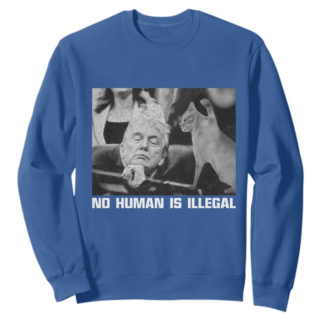 No Human Is Illegal Sweatshirt Funny Cat Anti ICE Meme TS14 Royal Blue Print Your Wear