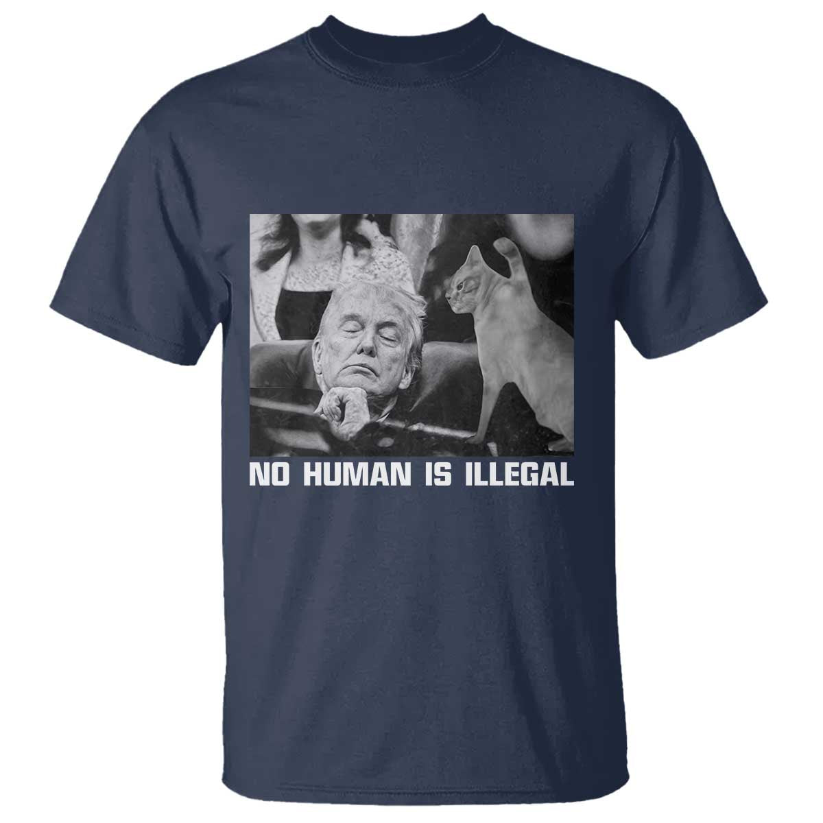 No Human Is Illegal T Shirt Funny Cat Anti ICE Meme TS14 Navy Print Your Wear