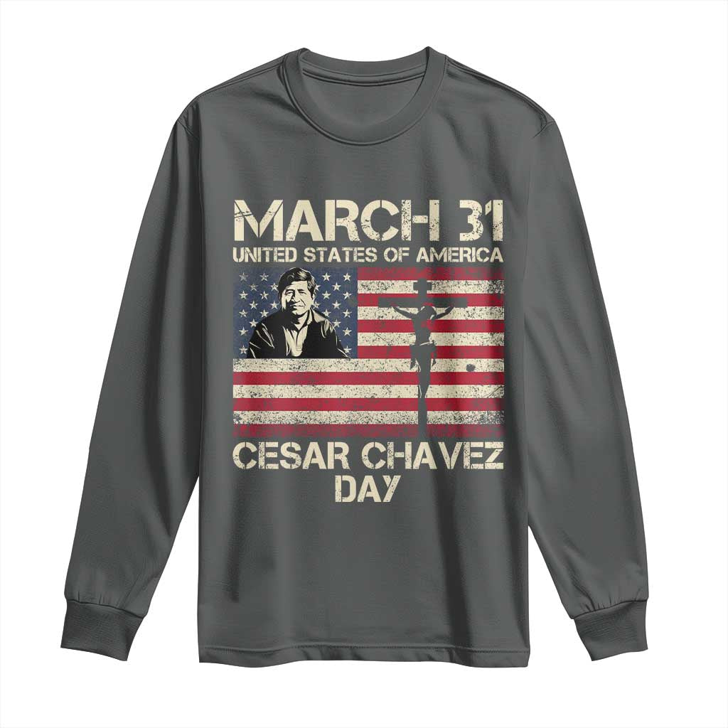 Cesar Chavez March 31 Celebration Long Sleeve Shirt Christian American Flag Religious TS14 Dark Heather Print Your Wear