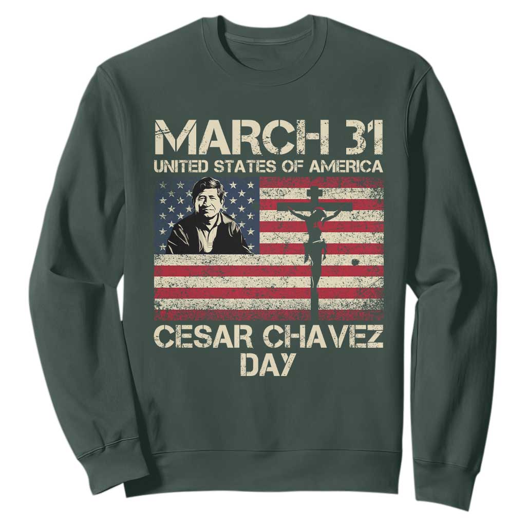 Cesar Chavez March 31 Celebration Sweatshirt Christian American Flag Religious TS14 Dark Forest Green Print Your Wear