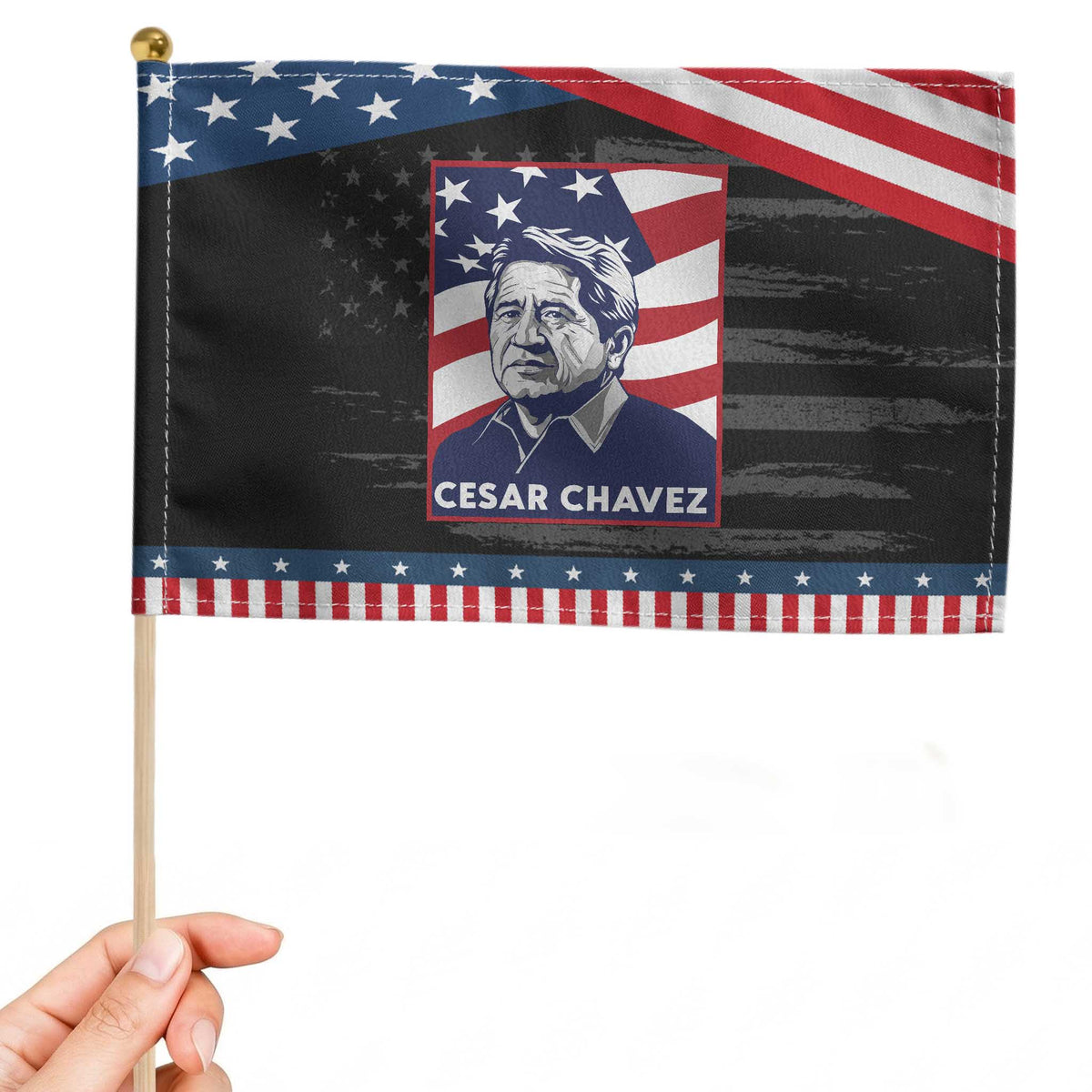 Cesar Chavez Patriotic Handheld Flag Labor Leader Mexican American Pride TS14 Distressed 8.2