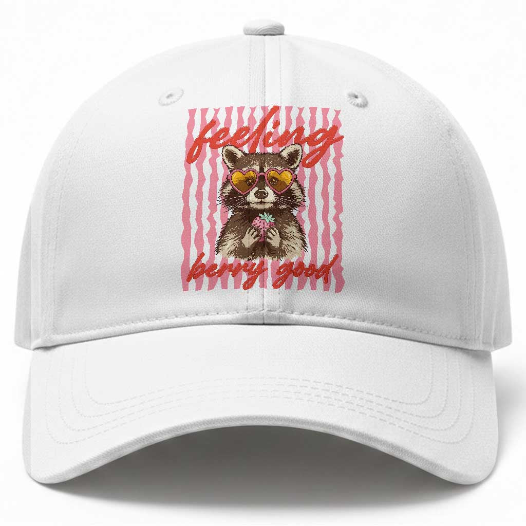 Feeling Berry Good Baseball Cap Funny Raccoon Strawberry Summer Vibes TS14 Print Your Wear