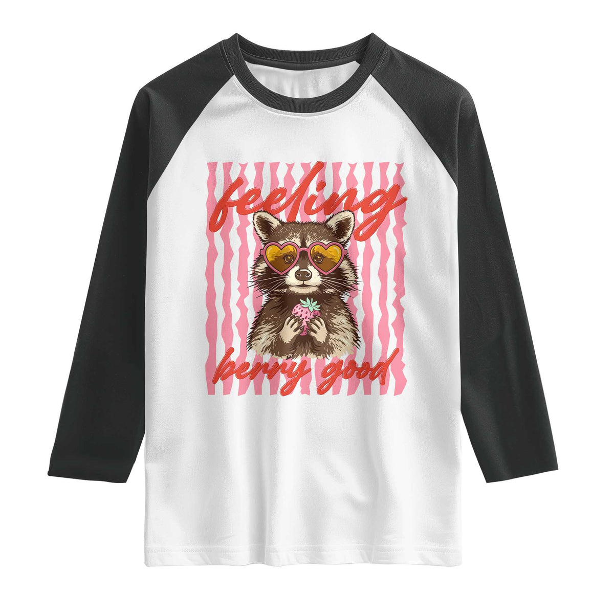 Feeling Berry Good Raglan Shirt Funny Raccoon Strawberry Summer Vibes TS14 White Black Print Your Wear