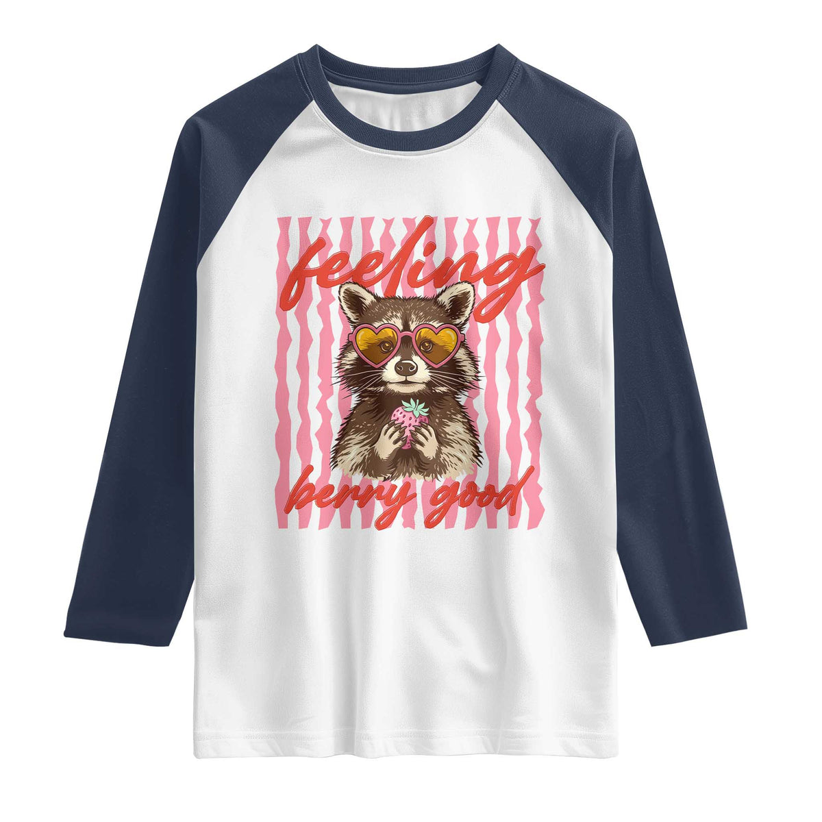 Feeling Berry Good Raglan Shirt Funny Raccoon Strawberry Summer Vibes TS14 White Navy Print Your Wear