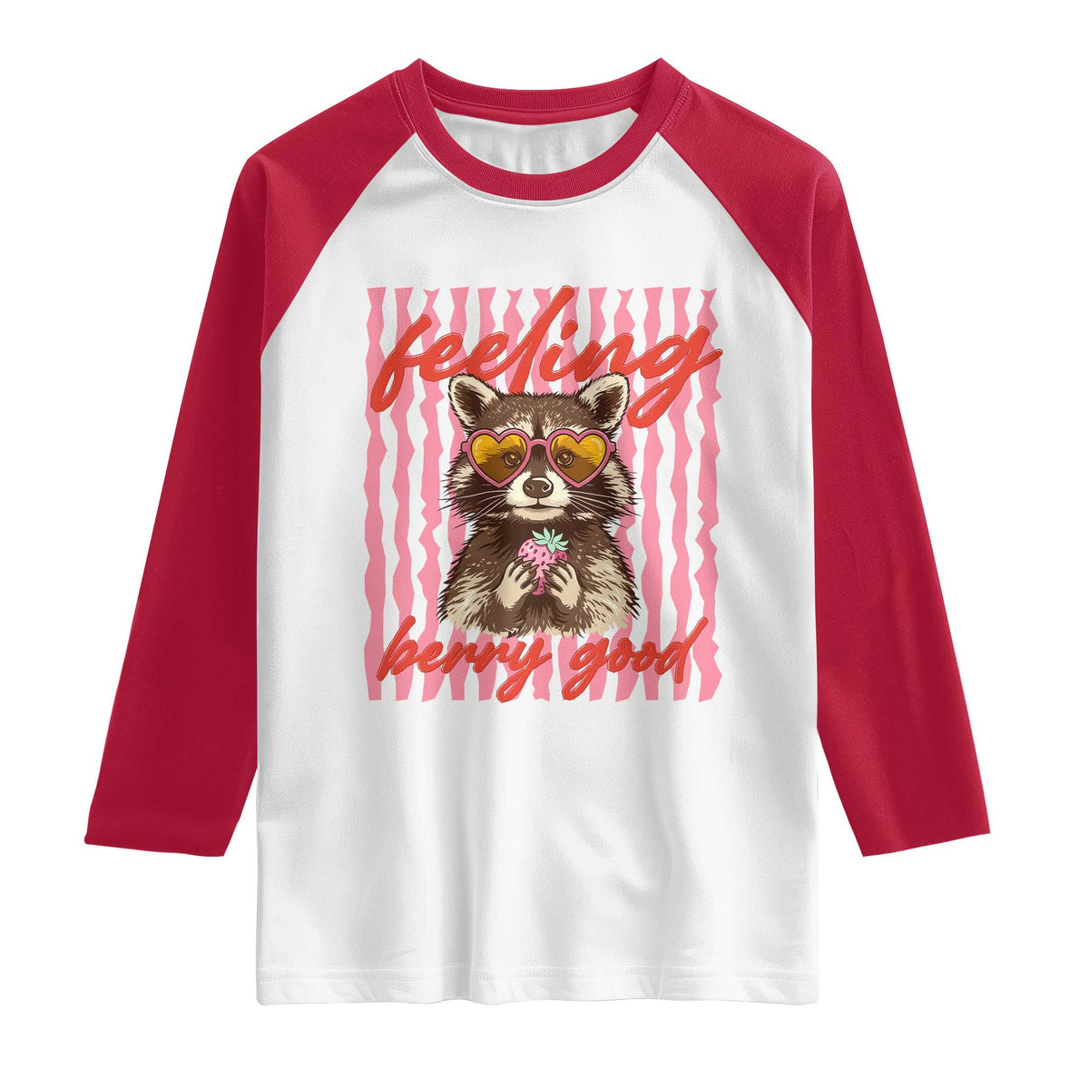 Feeling Berry Good Raglan Shirt Funny Raccoon Strawberry Summer Vibes TS14 White Red Print Your Wear