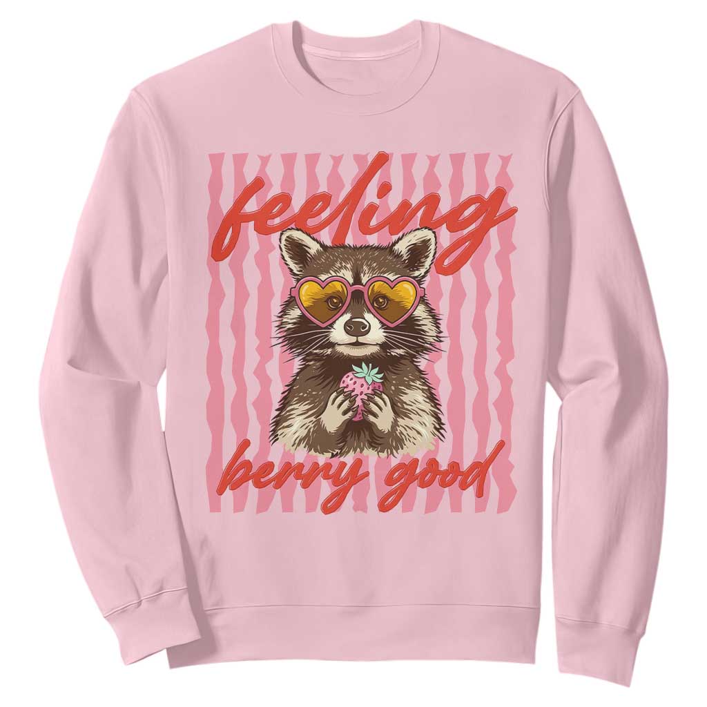 Feeling Berry Good Sweatshirt Funny Raccoon Strawberry Summer Vibes TS14 Light Pink Print Your Wear