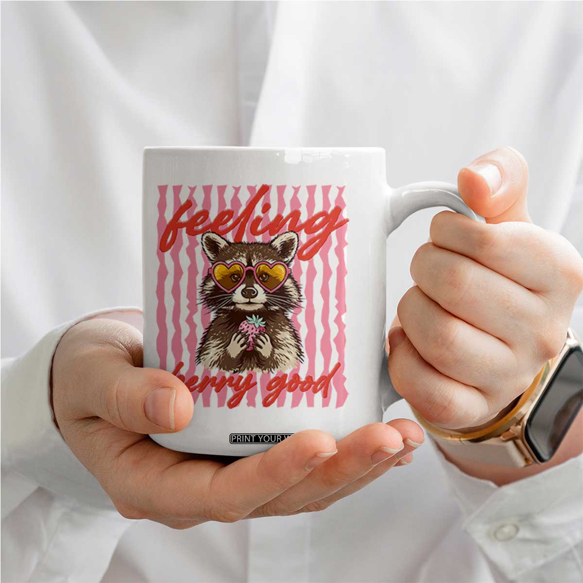 Feeling Berry Good Coffee Mug Funny Raccoon Strawberry Summer Vibes TS14 Print Your Wear
